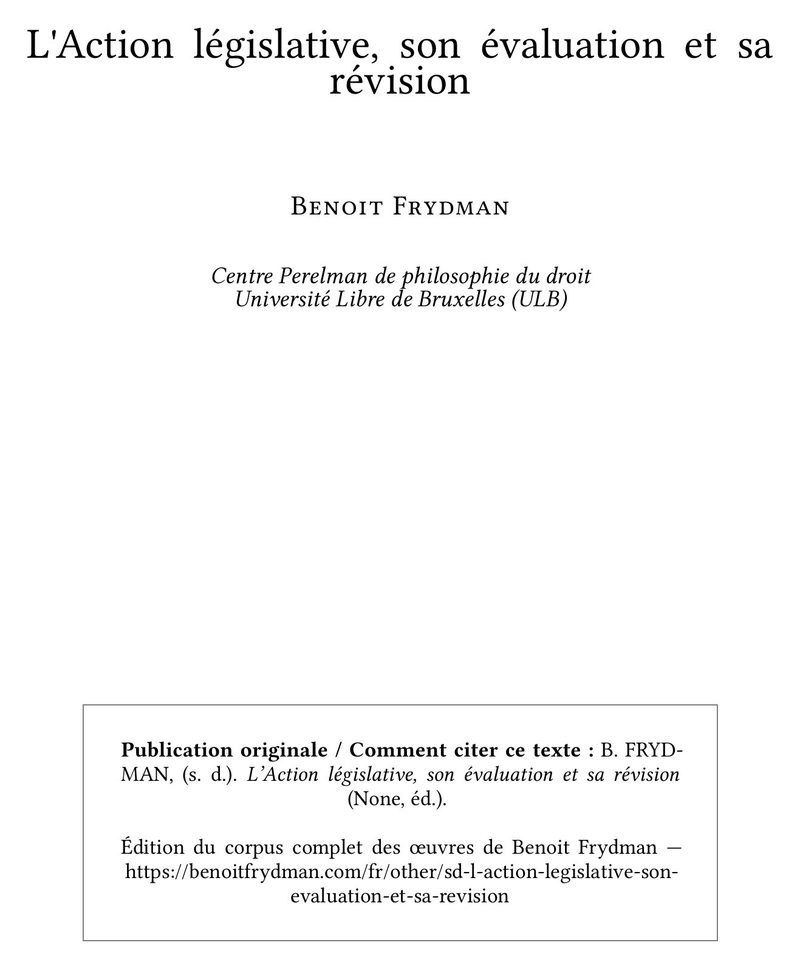 L'Action législative, son évaluation et sa révision
