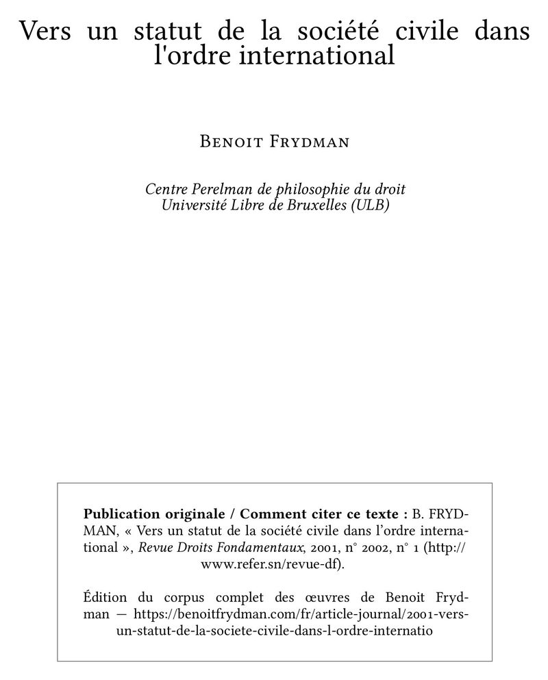 Vers un statut de la société civile dans l'ordre international