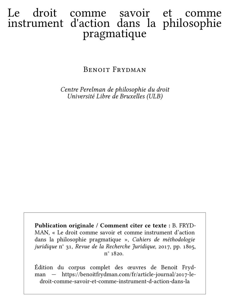 Le droit comme savoir et comme instrument d'action dans la philosophie pragmatique